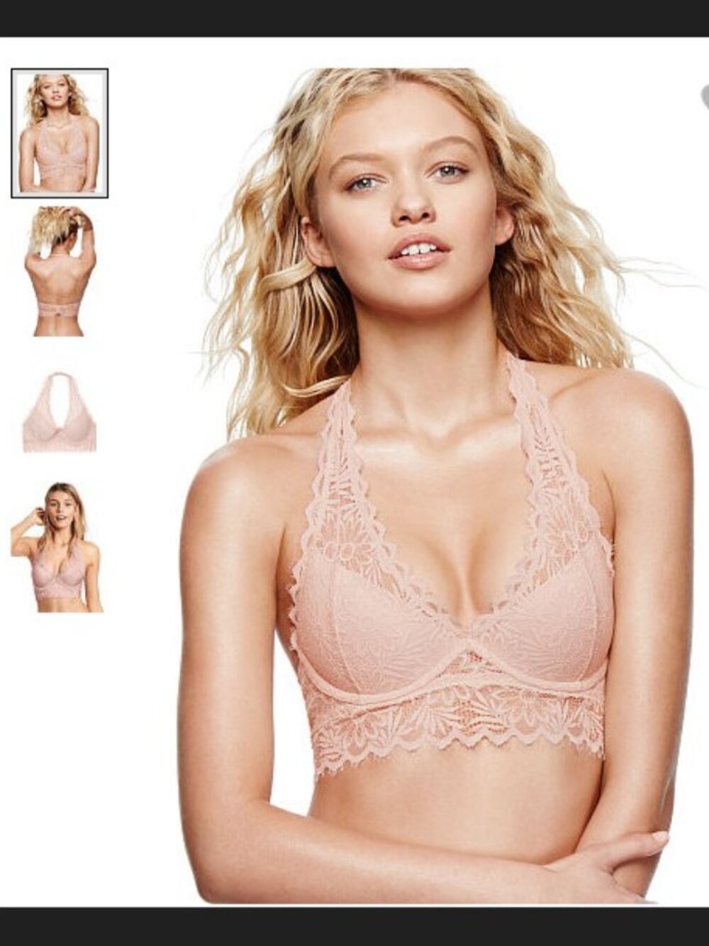 New Victoria's Secret PINK Lace Halter Bralette Bra Cocoon Light Pink Medium